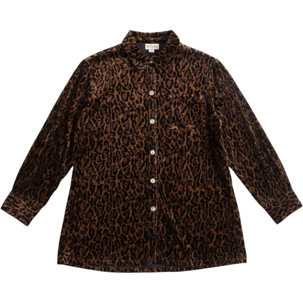California Style Button Down Shirt Large Leopard Silk Blend Velvet Mob Wife